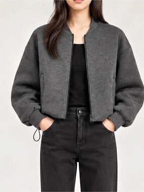 Zara Soft Neoprene Effect Bomber Jacket Cropped Bomber Jacket Gray & Black Small